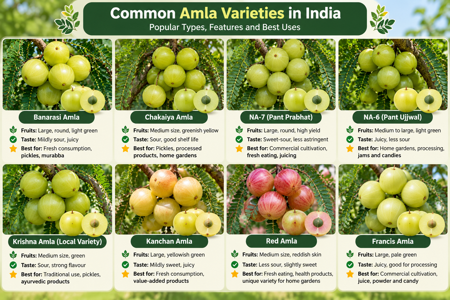 Amla varieties in India infographic showing NA-7, Krishna, Kanchan, Chakaiya and Banarasi Indian gooseberry varieties