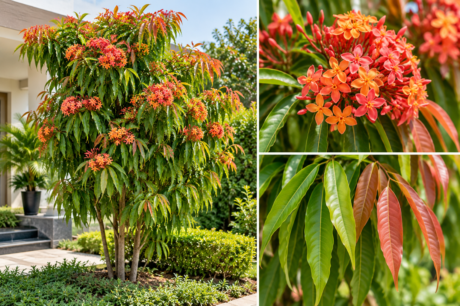 Ashoka or Sita Ashoka tree Saraca asoca with orange-red flower clusters and glossy green leaves growing in an Indian home garden
