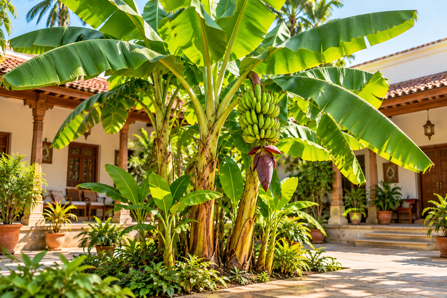 Banana plant Kela growing in an Indian home courtyard with broad green leaves, green bananas and a purple banana flower