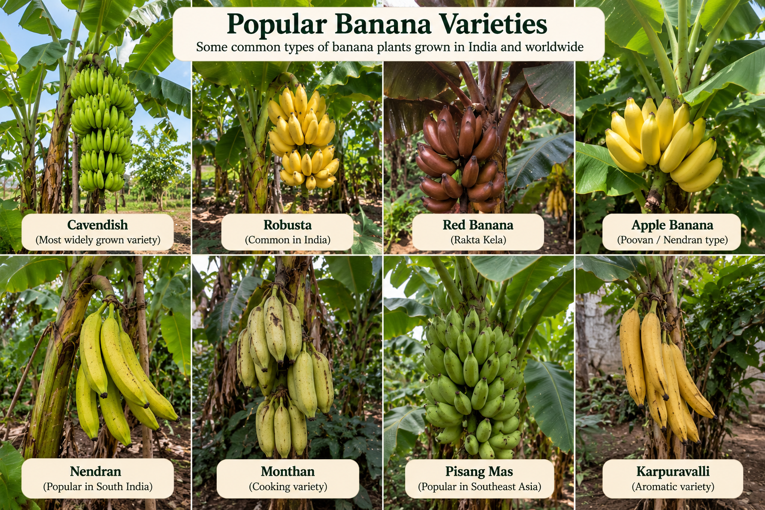 Banana varieties infographic showing Cavendish, Robusta, Red Banana, Nendran, Monthan, Pisang Mas and Karpuravalli banana types