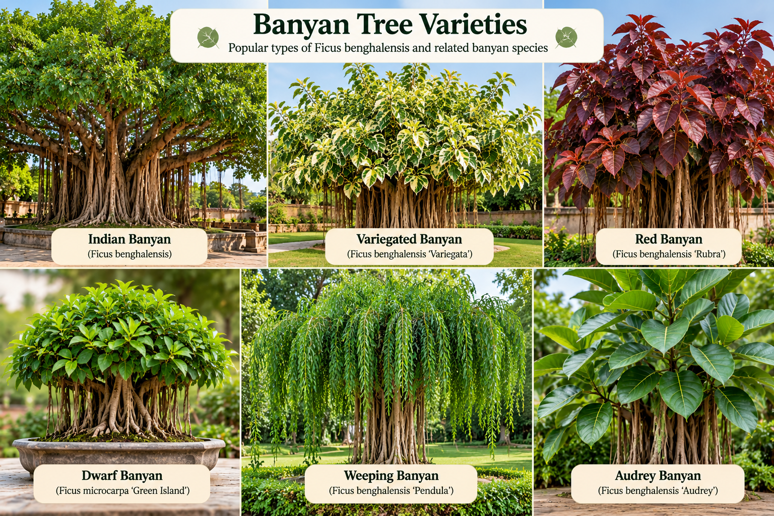 Banyan tree varieties infographic showing Indian Banyan, Variegated Banyan, Dwarf Banyan and other Ficus types