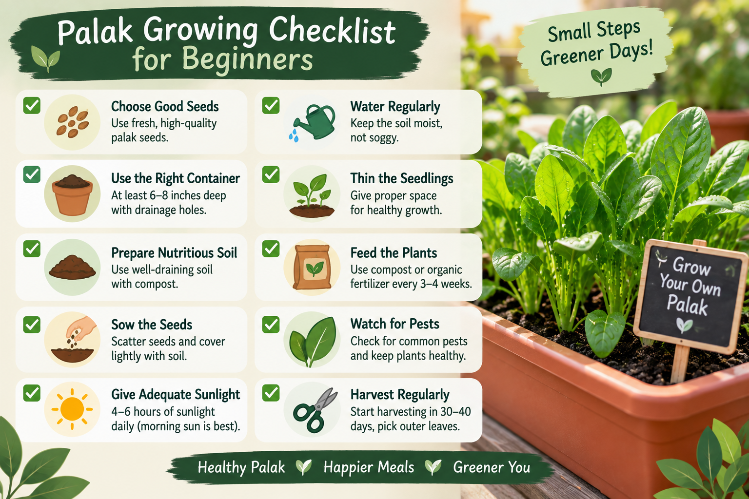 Beginner-friendly palak growing checklist infographic showing seeds, pot, soil, sunlight, watering, thinning, feeding and harvesting steps