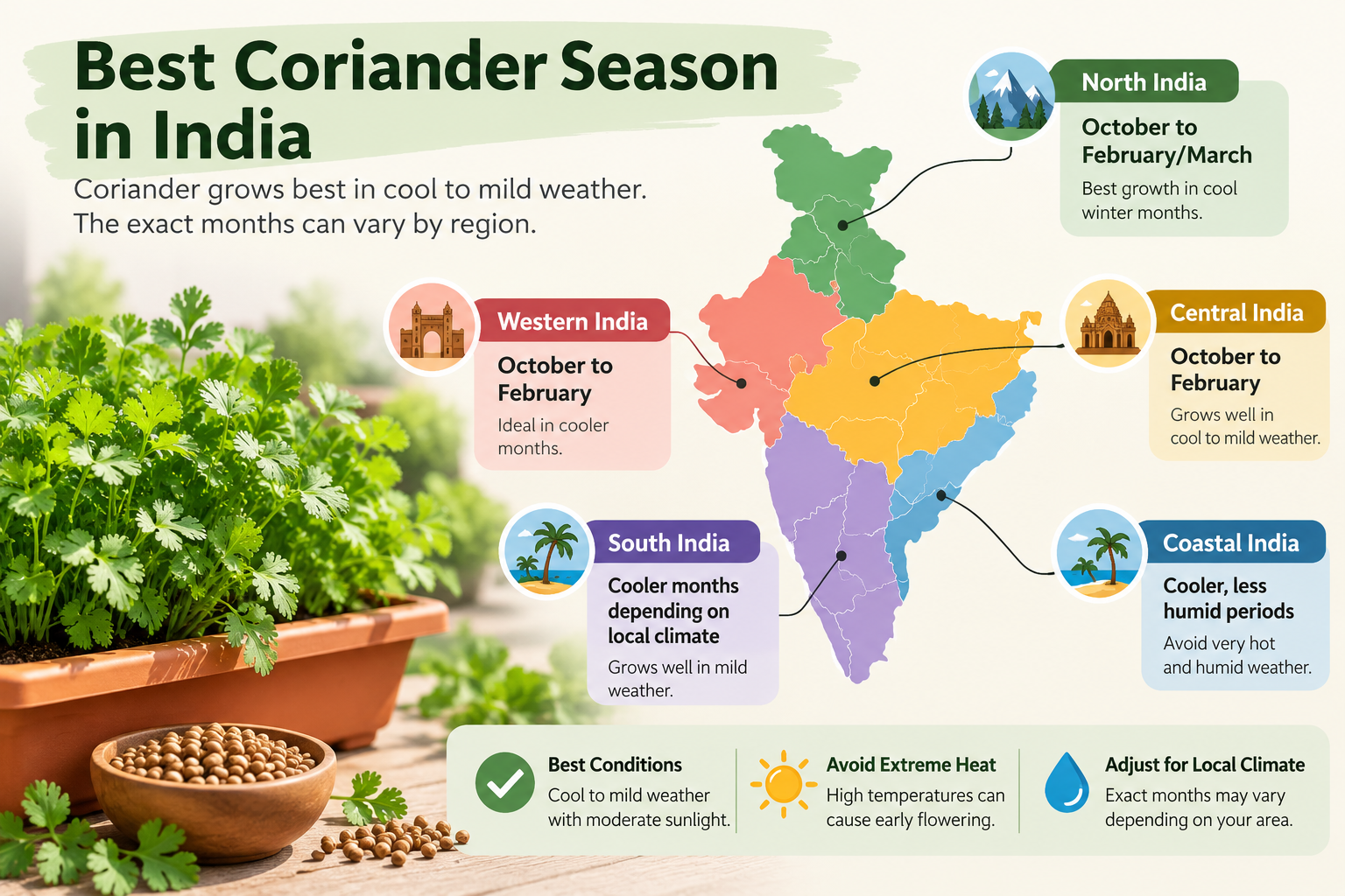 Best coriander season in India by region showing suitable growing periods for North, Central, Western, South and coastal India
