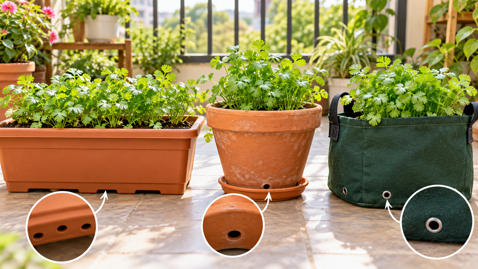 Best containers for growing coriander at home, including a rectangular planter, terracotta pot and grow bag with proper drainage holes