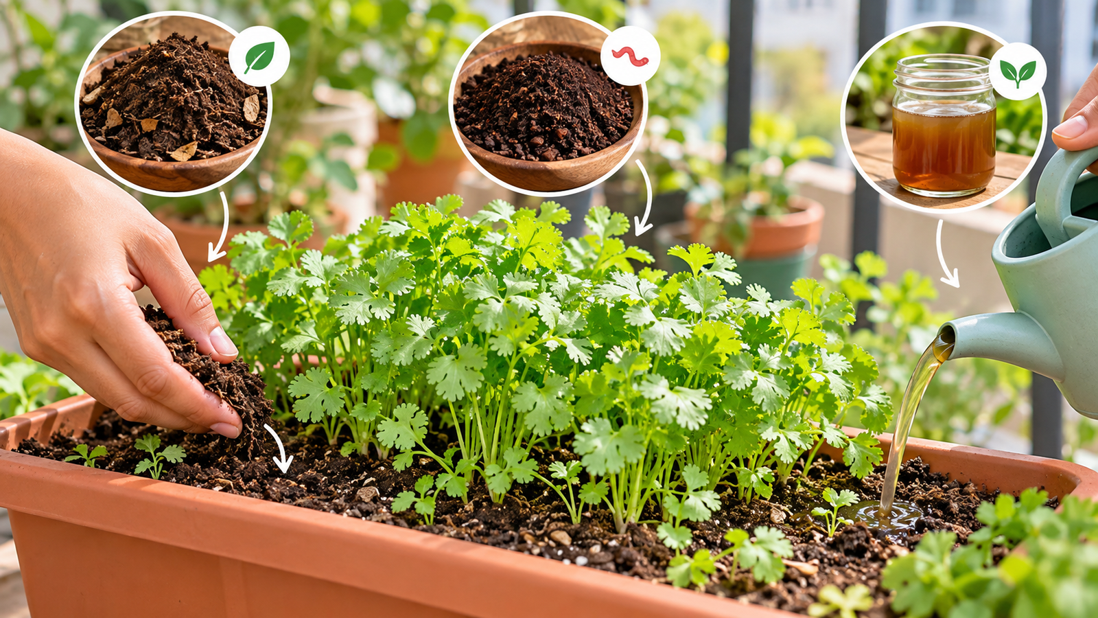 Best fertilizer options for coriander plants at home showing compost, vermicompost and liquid organic feed