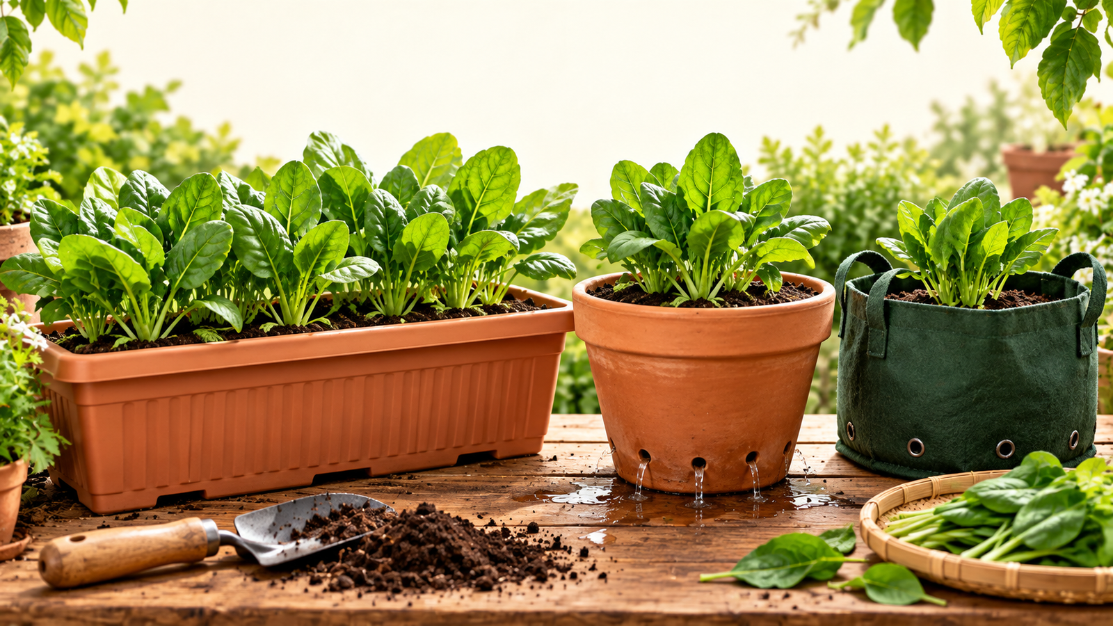 Best pots for growing palak at home with drainage holes including rectangular planter, terracotta pot and grow bag