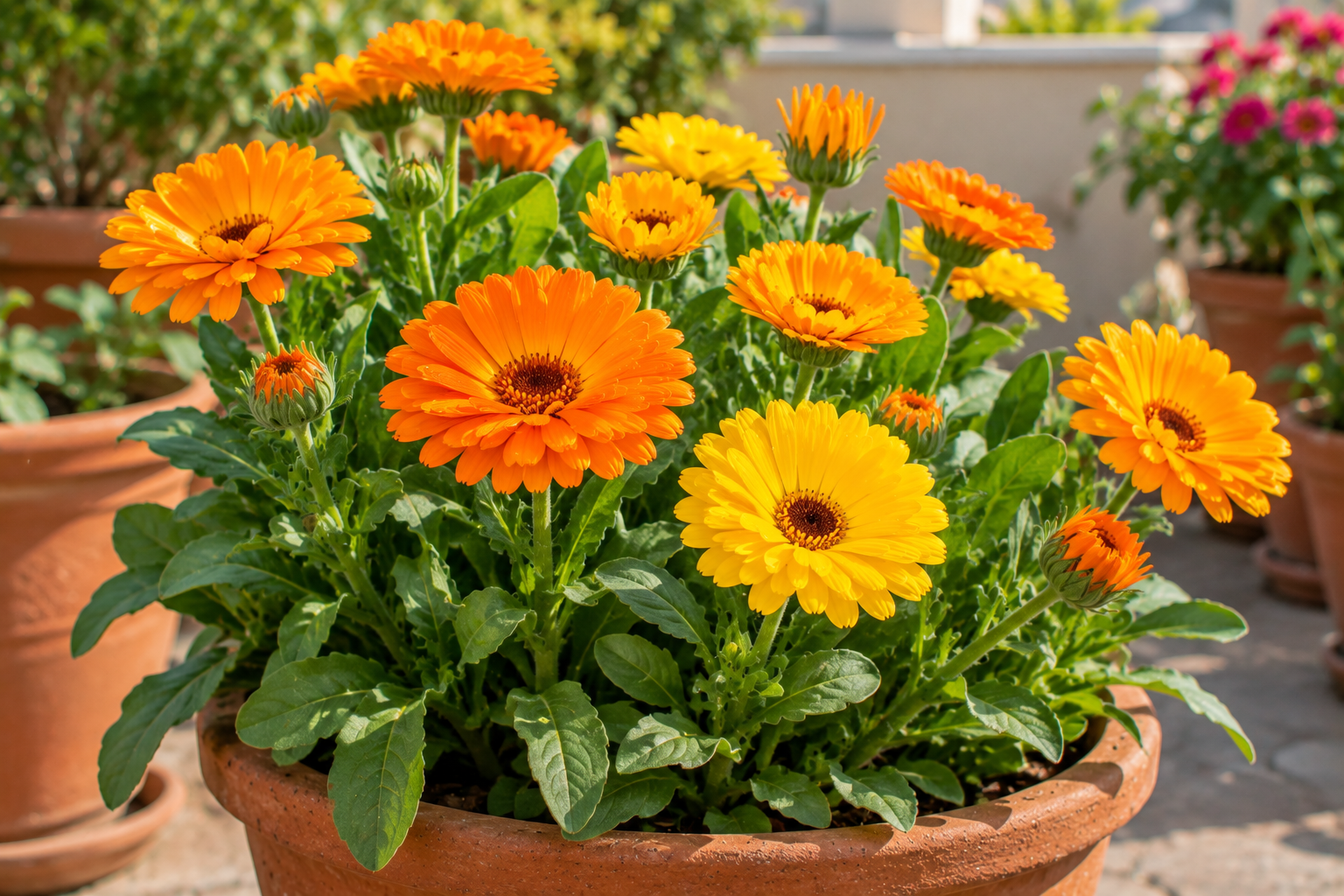 Bright orange and yellow Calendula flowers blooming in a pot during the winter season in an Indian home garden