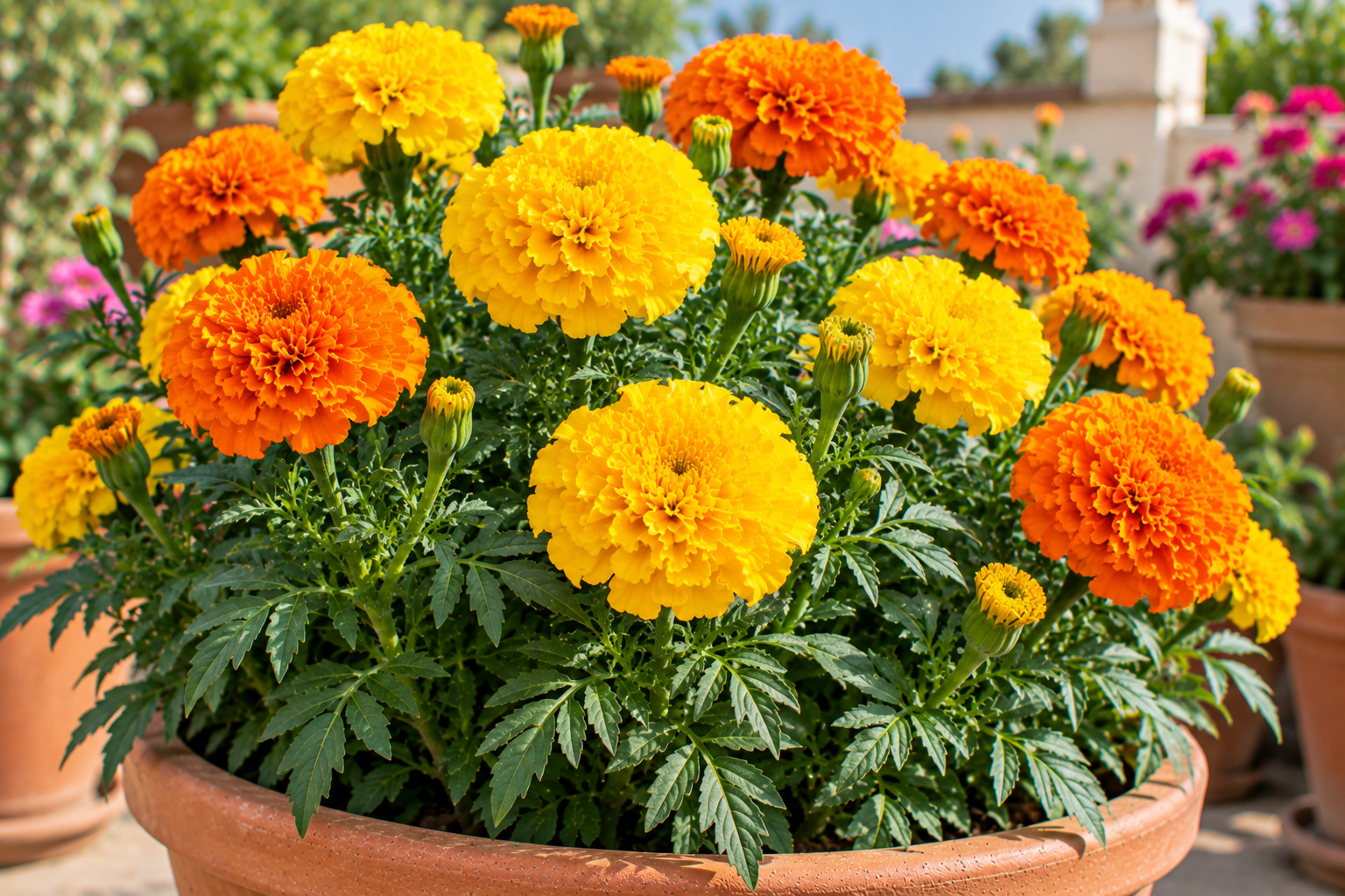 Bright orange and yellow Marigold Genda flowers blooming in a pot during the winter season in an Indian home garden