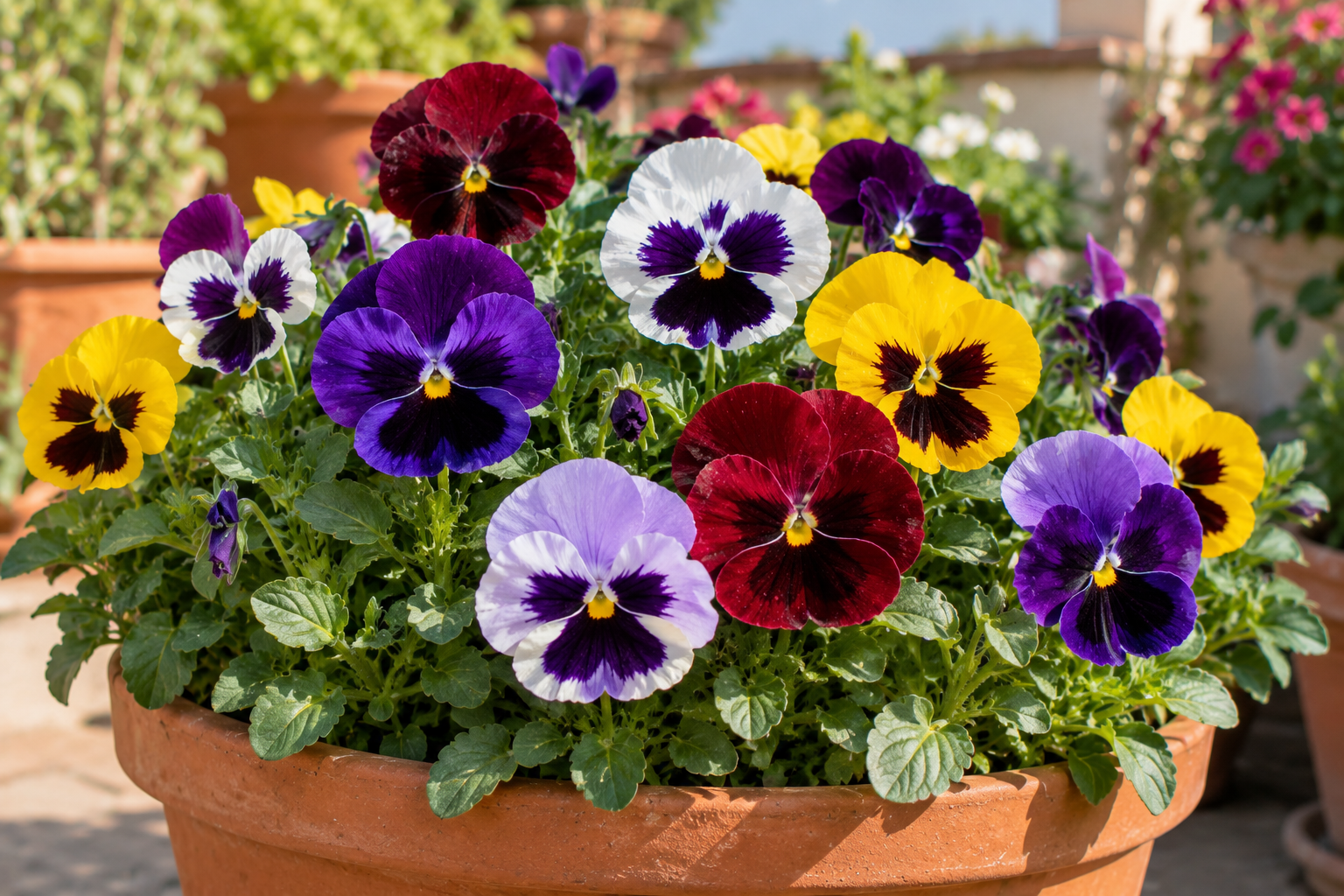 Colorful Pansy flowers blooming in pots during the winter season in an Indian home garden