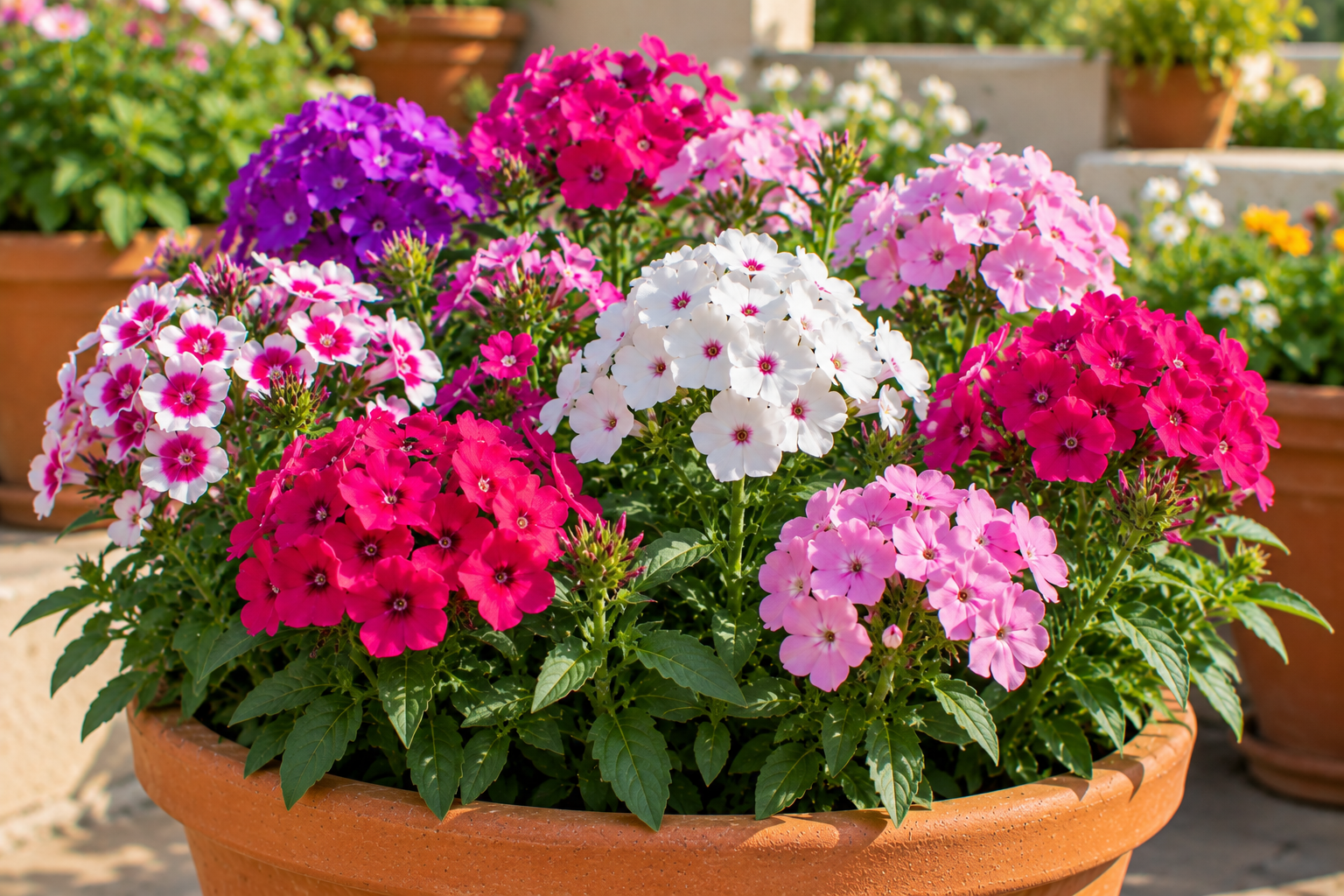 Colorful Phlox flowers blooming in a pot during the winter season in an Indian home garden