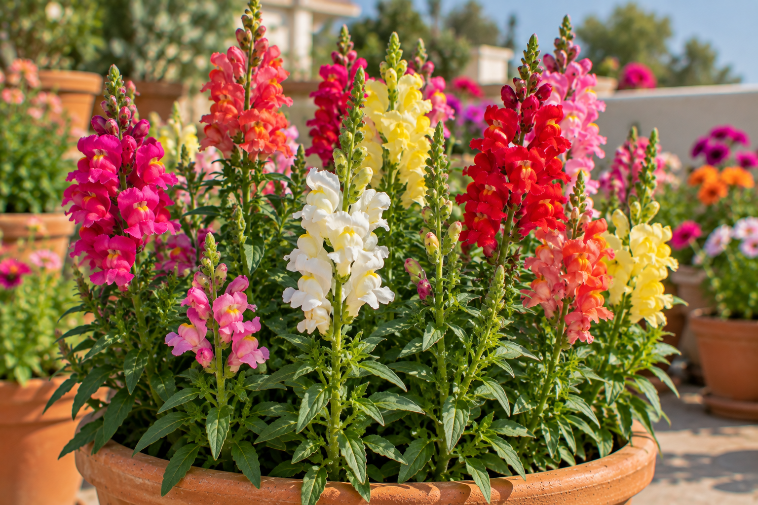 Colorful Snapdragon flowers blooming in a pot during the winter season in an Indian home garden