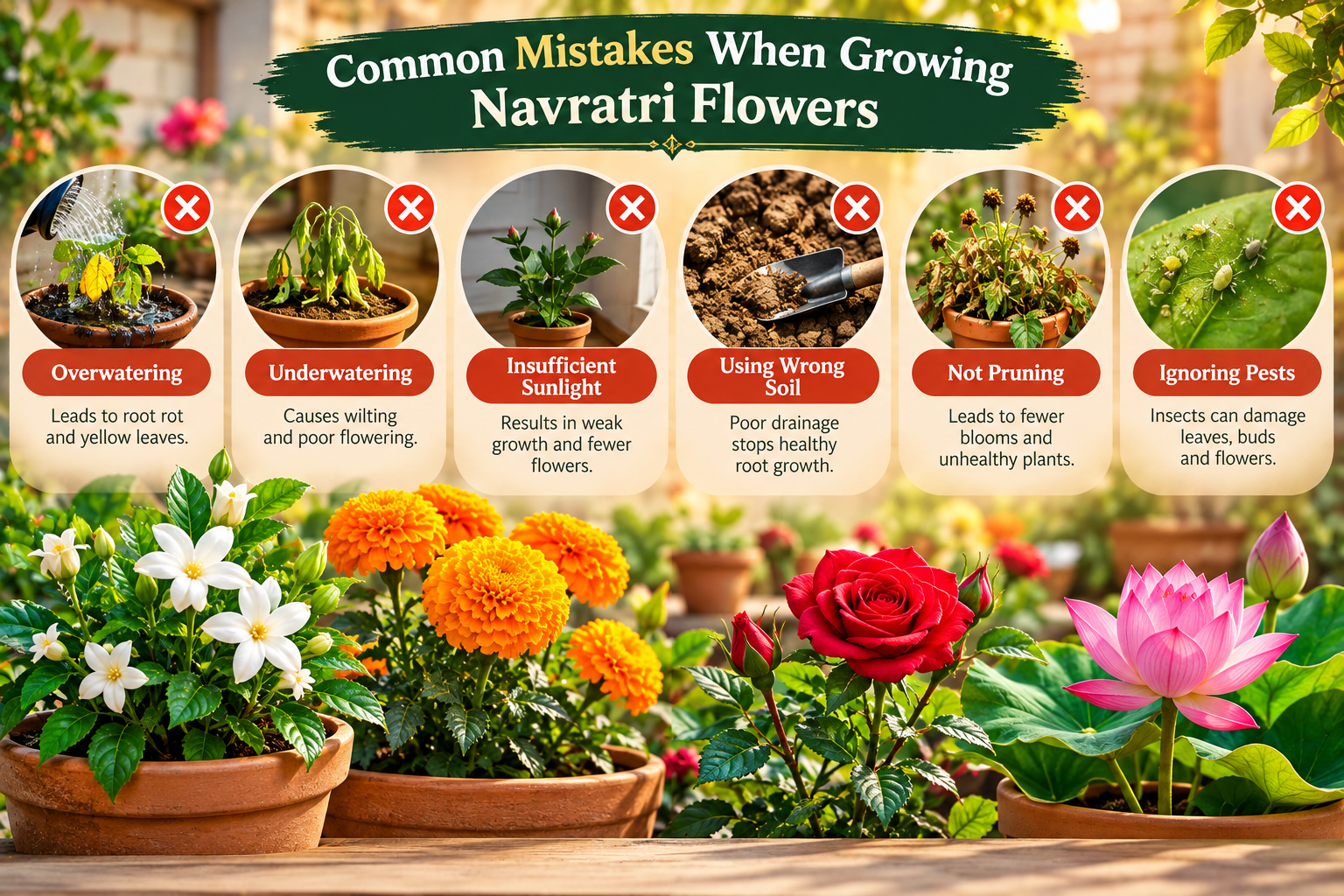 Common mistakes when growing Navratri flowers including late planting, low sunlight, overwatering, growing Lotus in normal pots, pesticide use before puja and expecting exact festival-time blooms