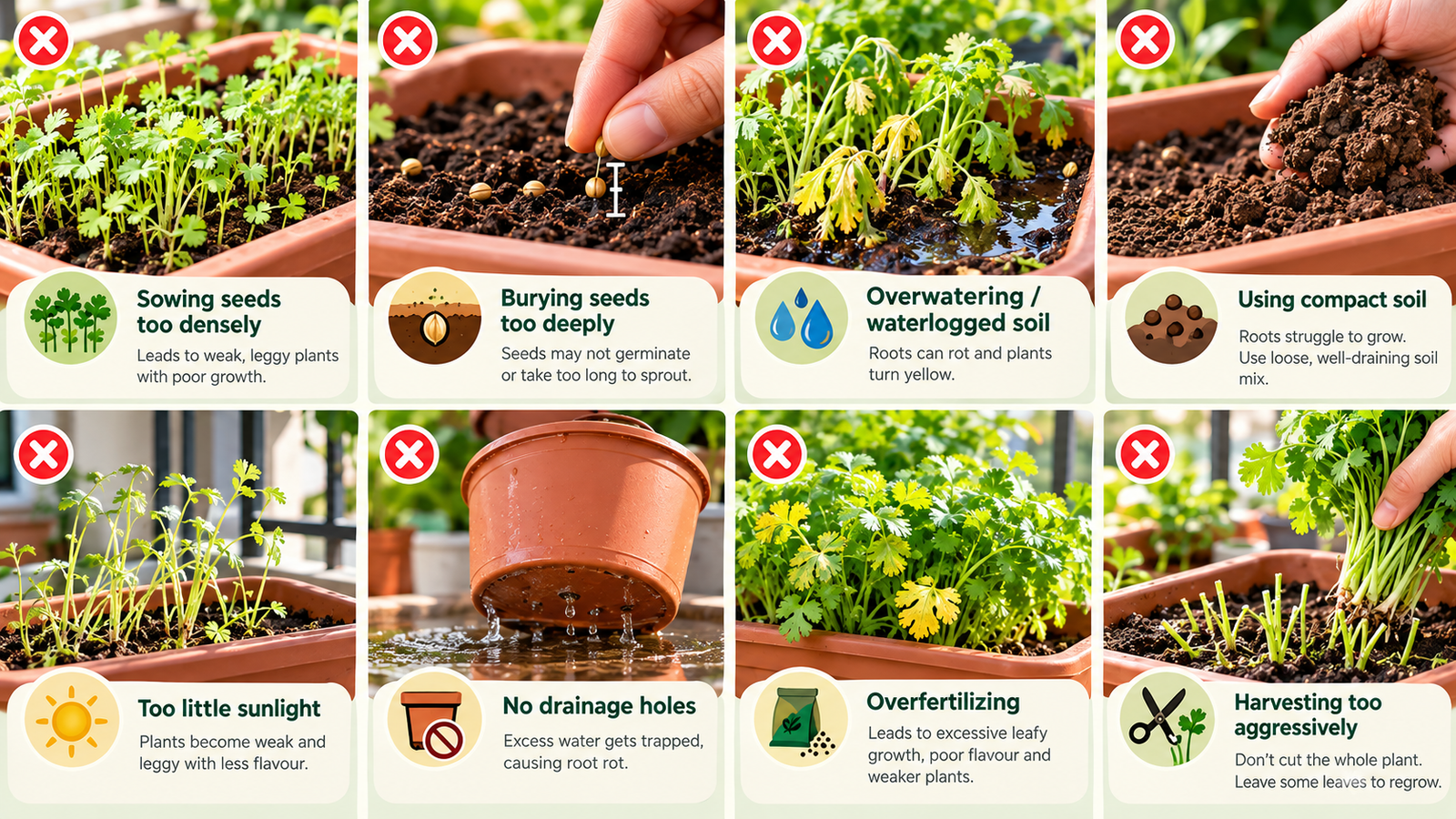 Common mistakes when growing coriander in containers including overcrowding, deep sowing, overwatering and poor drainage