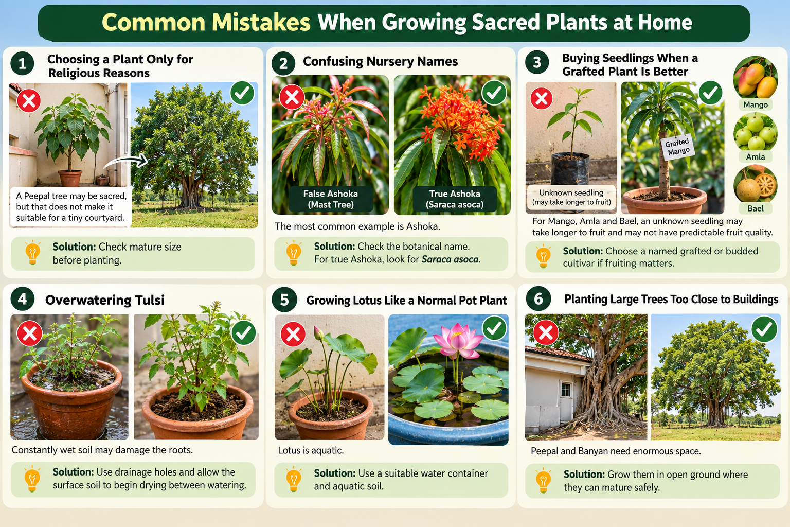 Common mistakes when growing sacred plants at home including wrong plant size, nursery name confusion, seedlings instead of grafted plants, overwatering Tulsi, incorrect Lotus planting and large trees near buildings