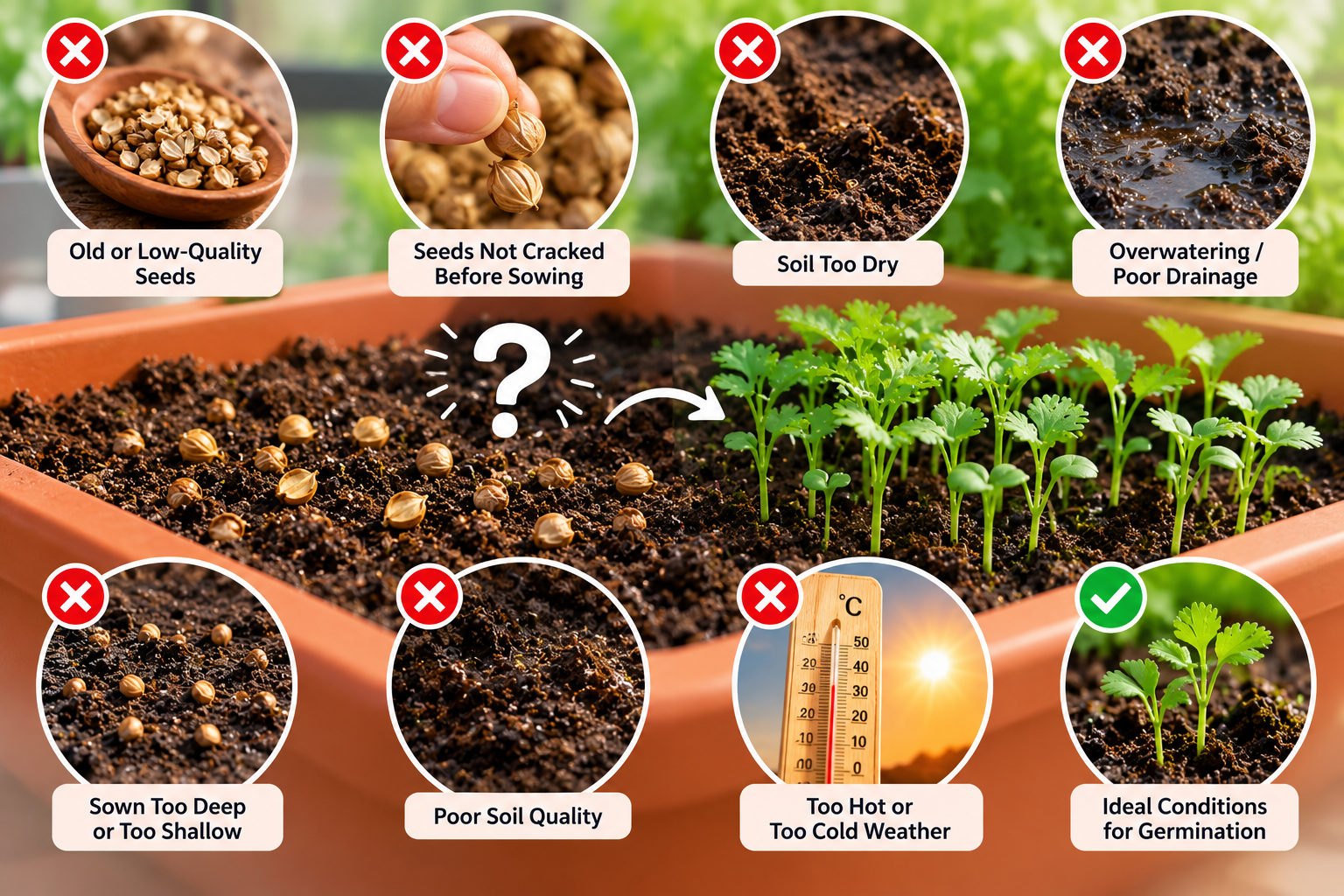 Common reasons coriander seeds fail to germinate, including old seeds, dry or waterlogged soil, wrong sowing depth, poor soil and extreme temperatures