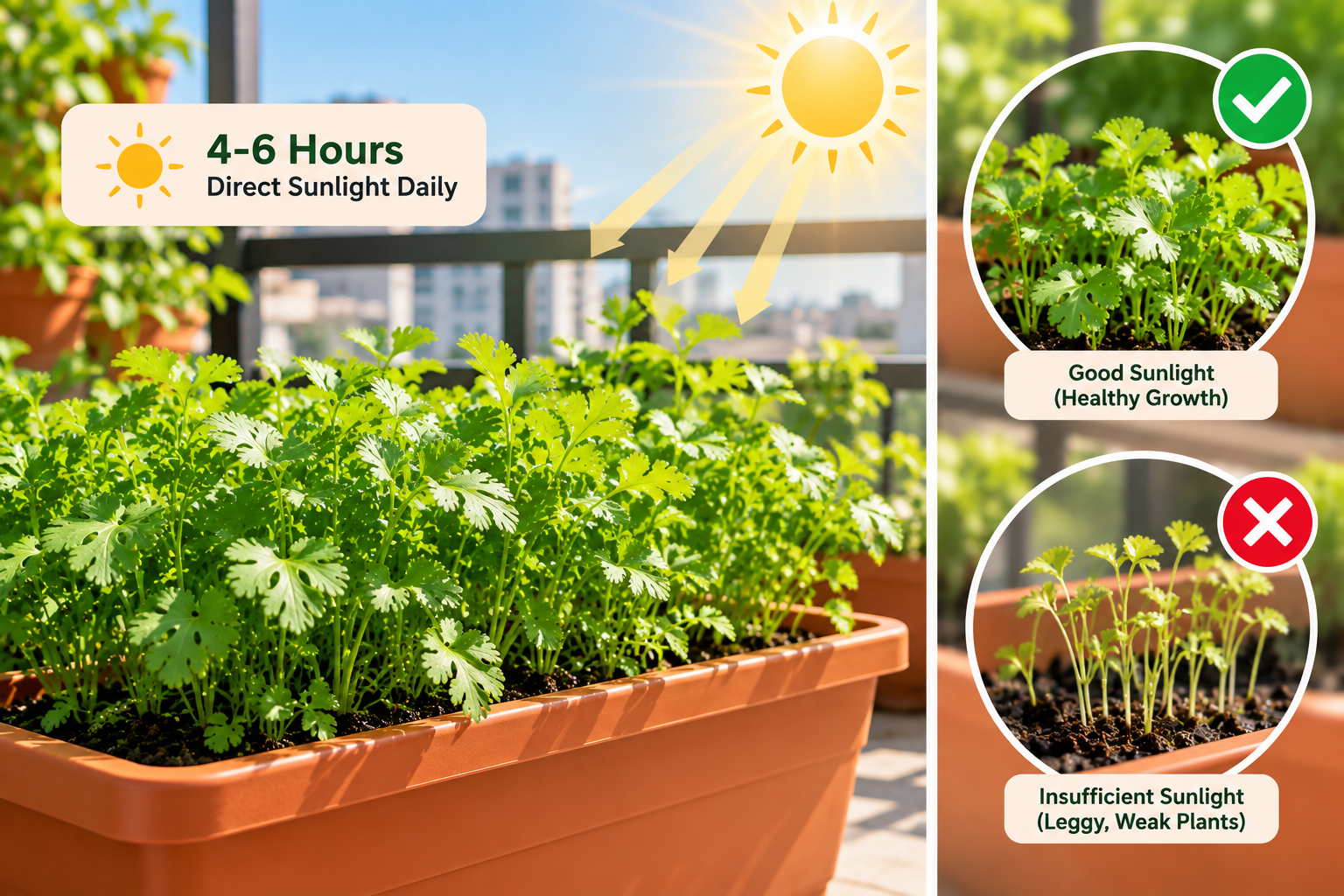 Coriander plants receiving 4 to 6 hours of sunlight, comparing healthy growth with weak leggy plants caused by insufficient light