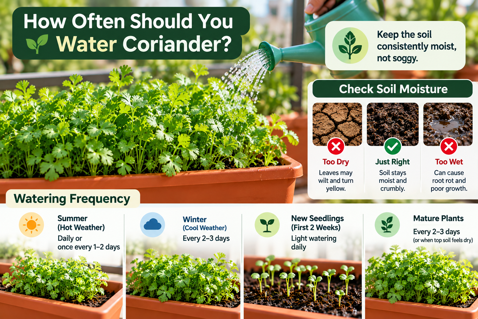 Coriander watering guide showing proper soil moisture, watering frequency for summer and winter, and care for seedlings and mature plants