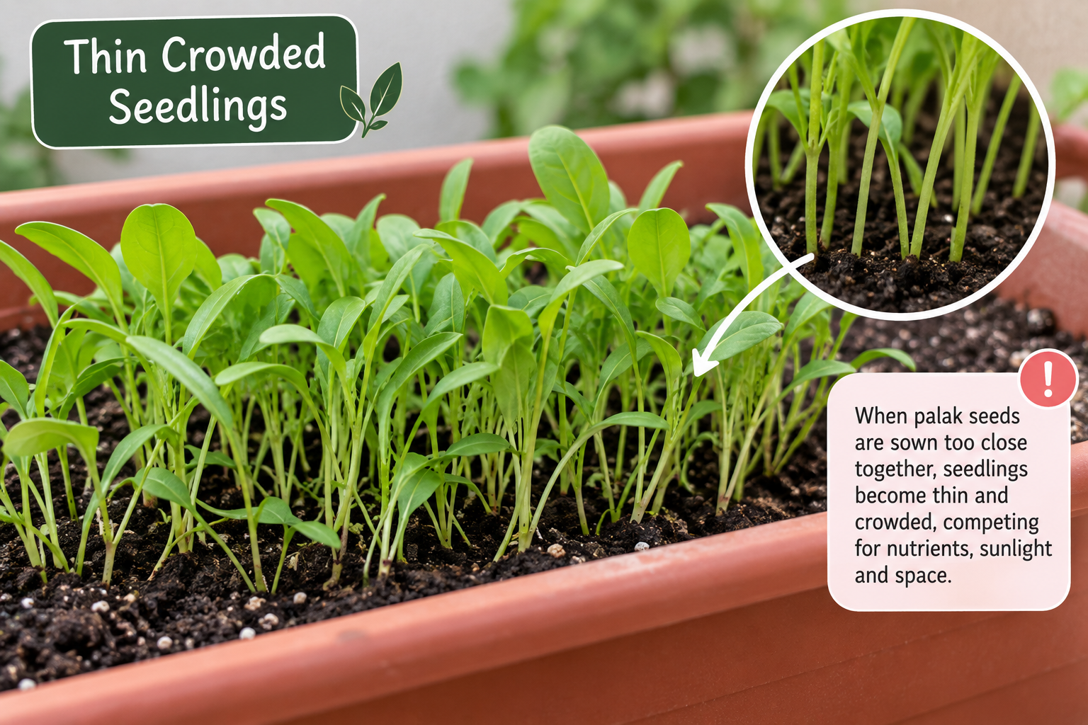 Crowded palak seedlings growing closely together in a planter showing why thinning is needed for healthy spinach growth