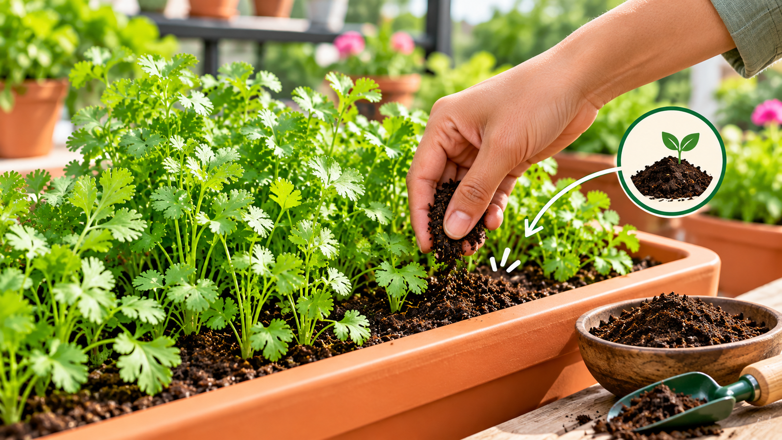 Feeding coriander plants lightly with compost or organic fertilizer to support healthy leafy growth in a home planter