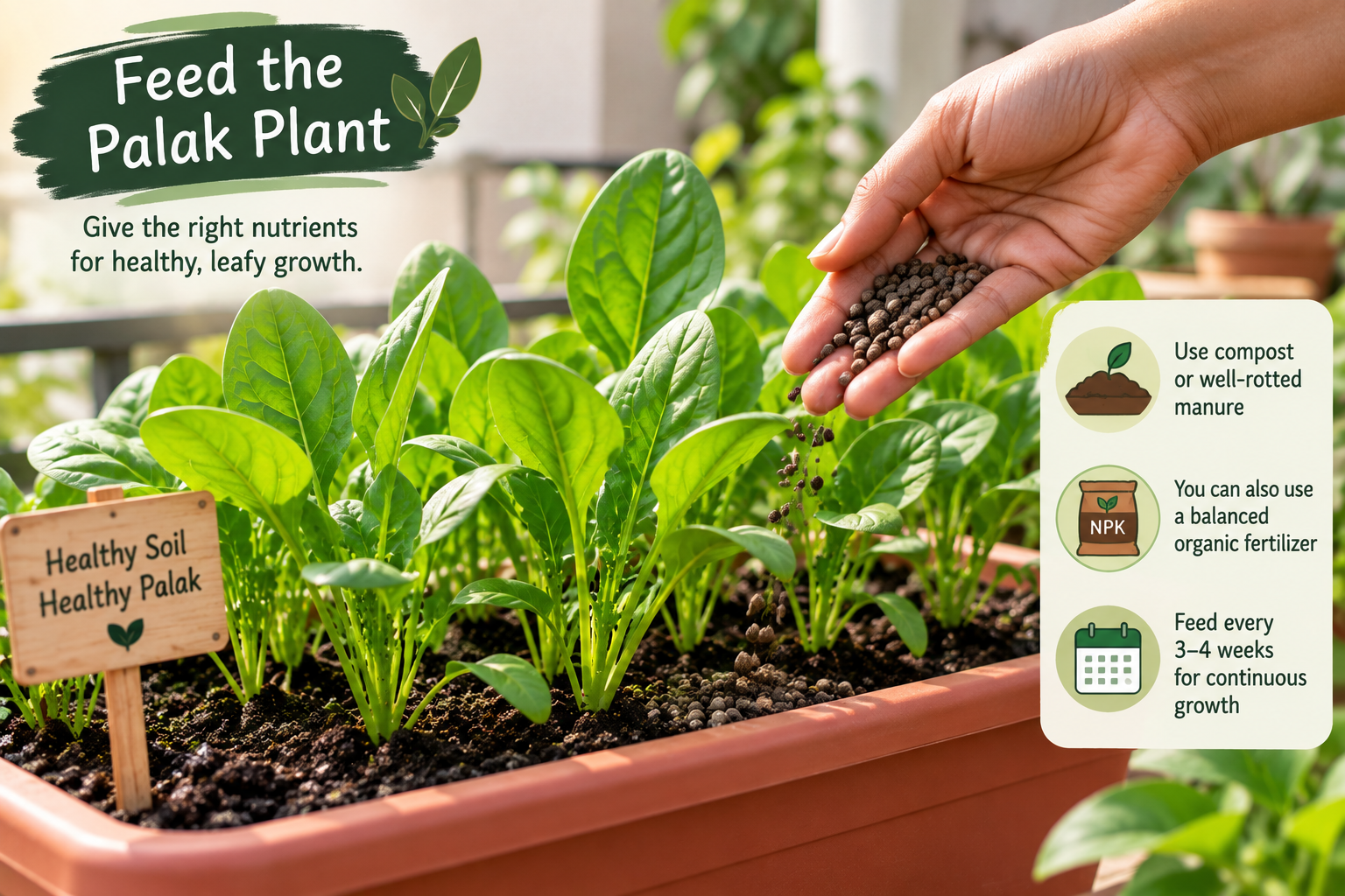 Feeding palak plants with compost or organic fertilizer to support healthy leafy spinach growth