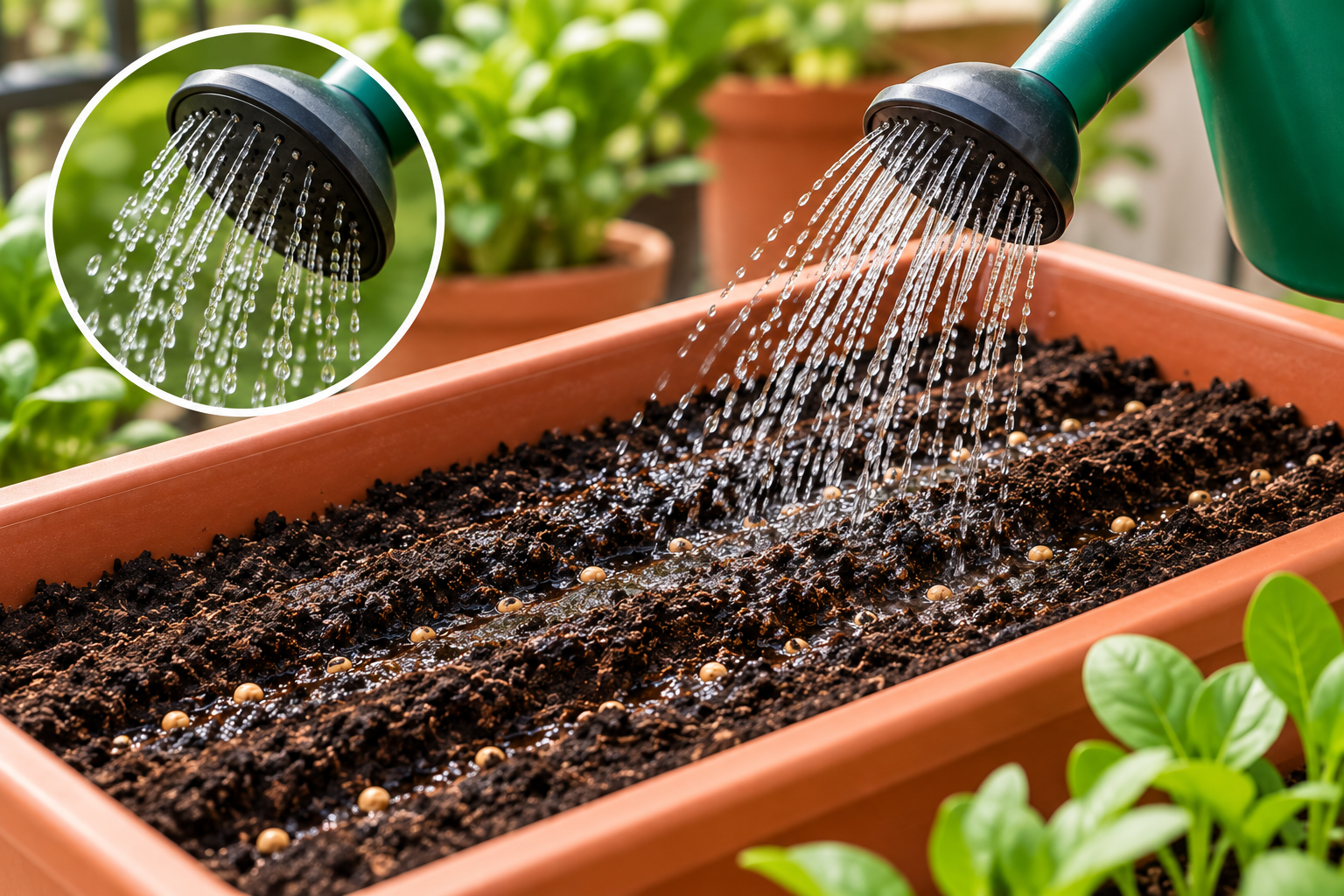 Gently watering newly sown palak seeds in a planter to keep the soil evenly moist during germination
