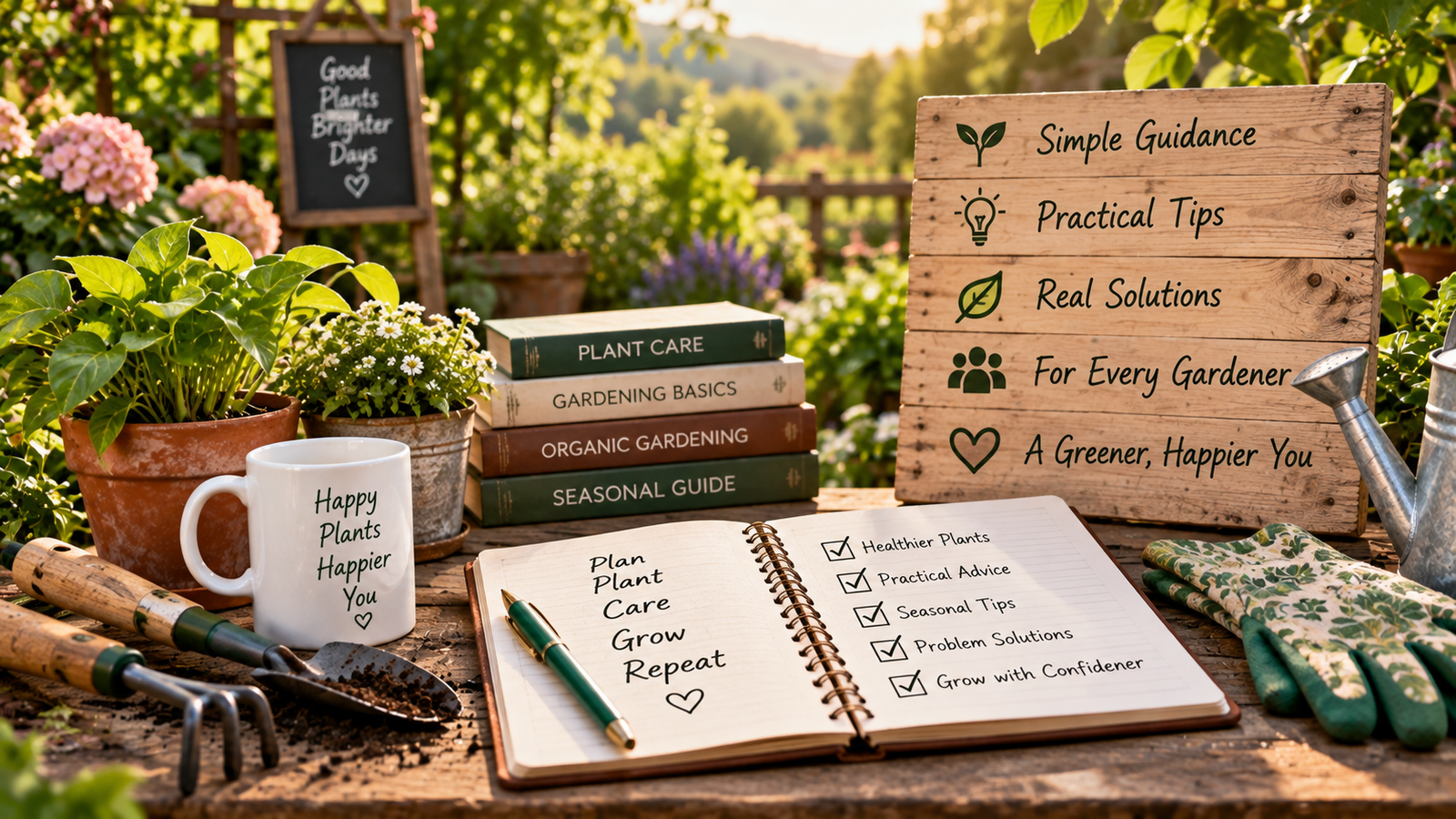 Gardening planning workspace with tools plants and notes