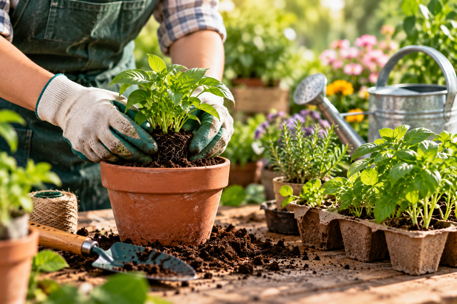 Hands planting a young seedling in a terracotta pot