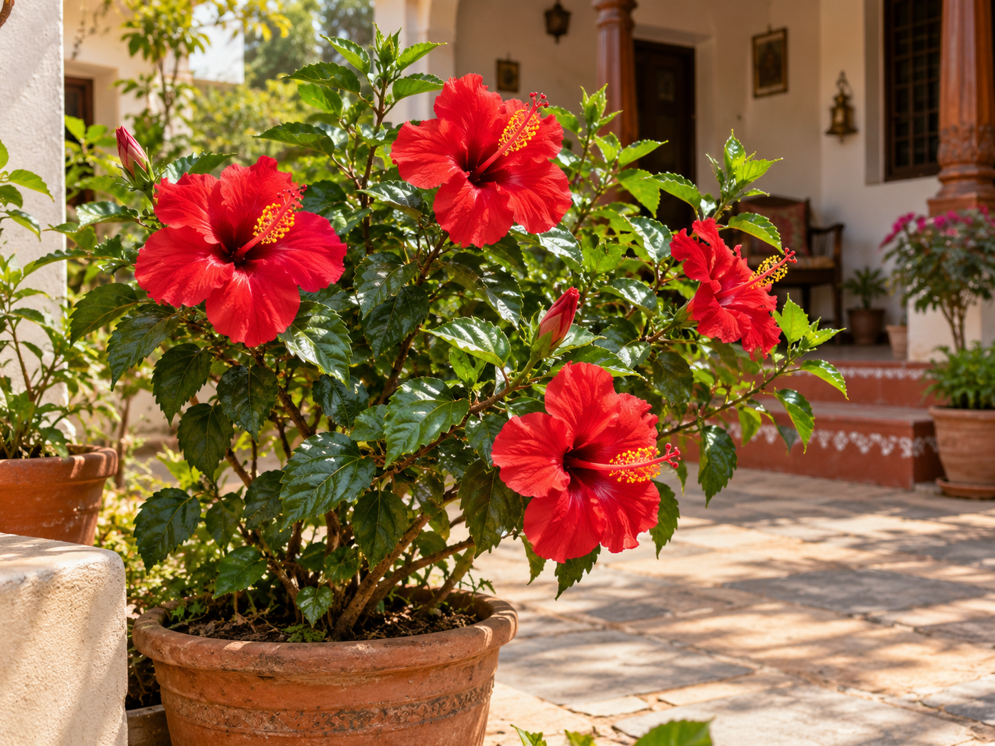 Red Hibiscus Gudhal flowers blooming in a home garden for Navratri and Goddess Durga puja offerings