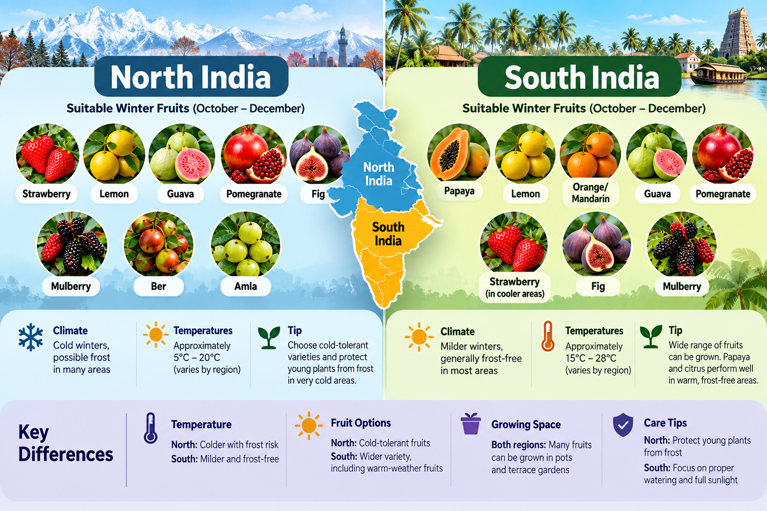 Infographic comparing winter fruits for North India and South India, including suitable fruits, climate conditions, temperature ranges and growing tips
