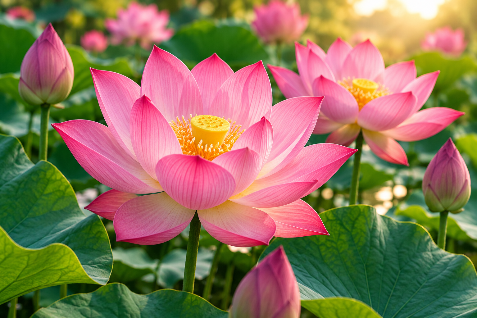 Sacred pink Lotus Kamal flowers blooming in a sunny water garden commonly used in Hindu puja and devotional offerings