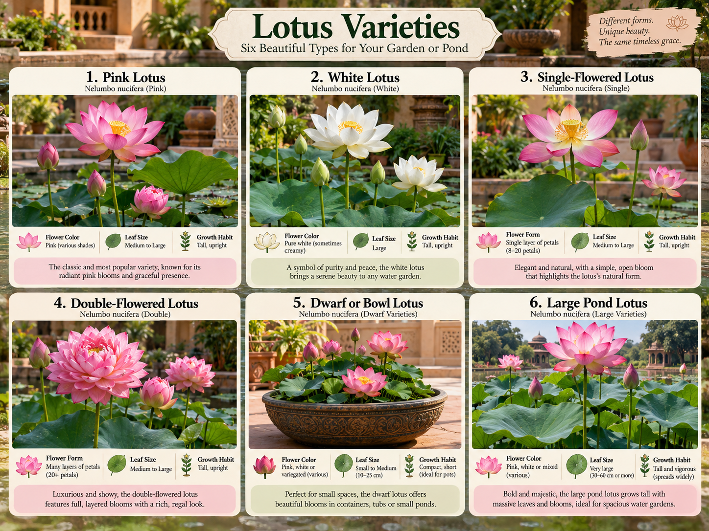 Lotus varieties infographic showing pink lotus, white lotus, single-flowered lotus, double-flowered lotus, dwarf bowl lotus and large pond lotus