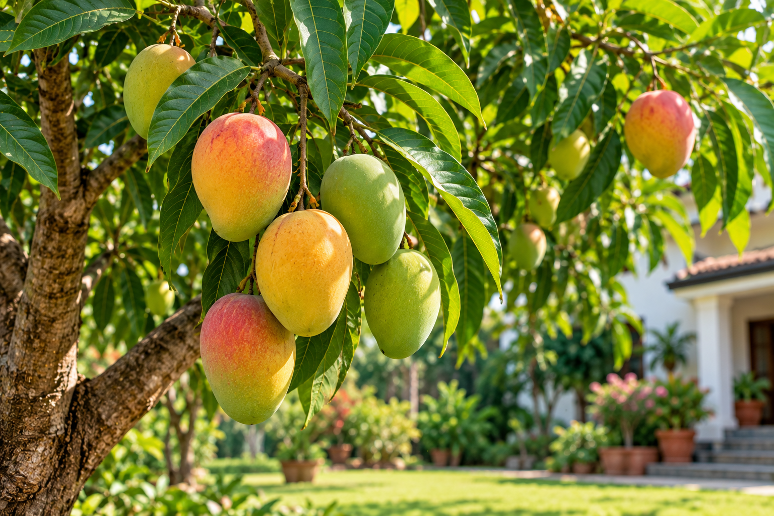 Mango tree Aam growing in an Indian home garden with green and ripe mango fruits hanging from leafy branches