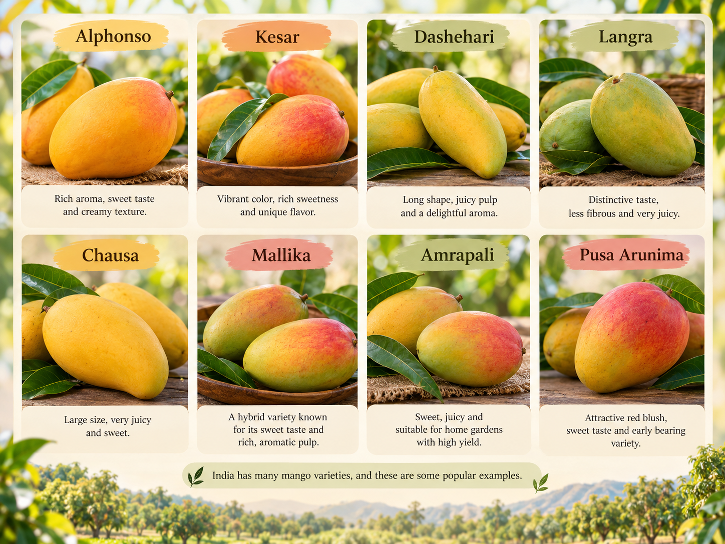Mango varieties in India infographic showing Alphonso, Kesar, Dashehari, Langra, Chausa, Mallika, Amrapali and Pusa Arunima