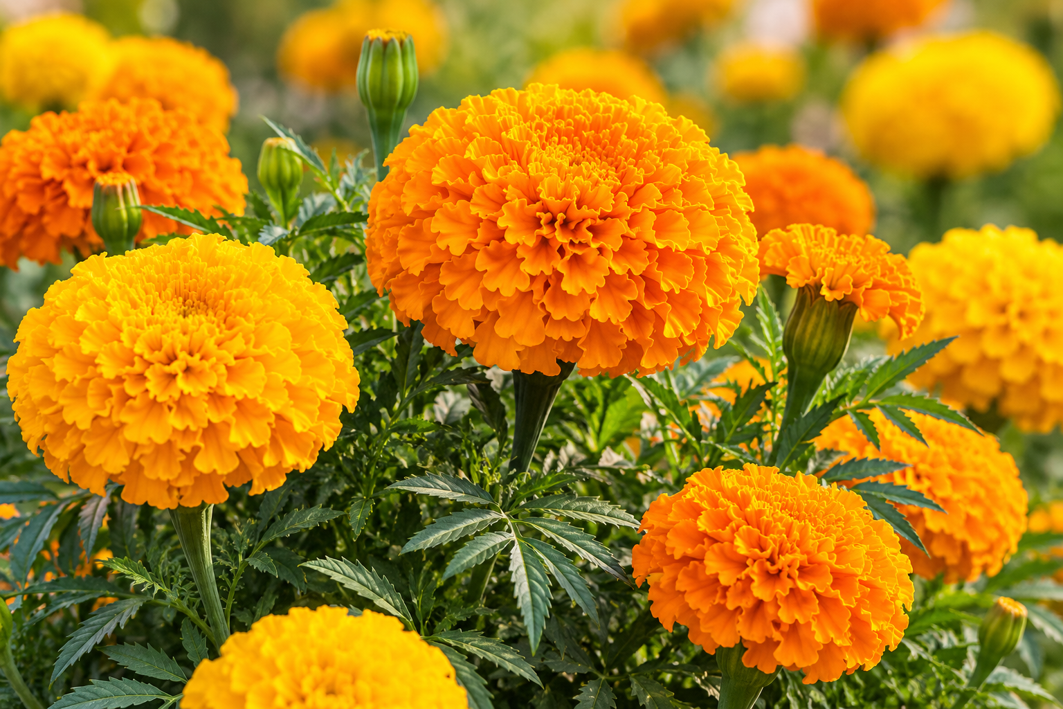 Marigold Genda flowers blooming in a sunny Indian home garden commonly used for Navratri puja garlands and festive decoration