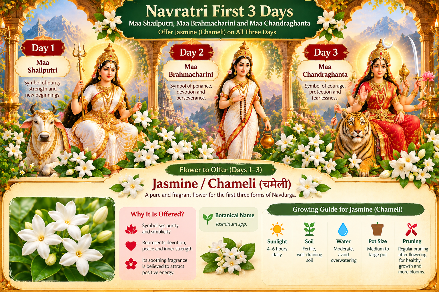 Navratri Days 1 to 3 infographic showing Maa Shailputri, Maa Brahmacharini and Maa Chandraghanta with Jasmine or Chameli flowers, spiritual meaning and home growing guide