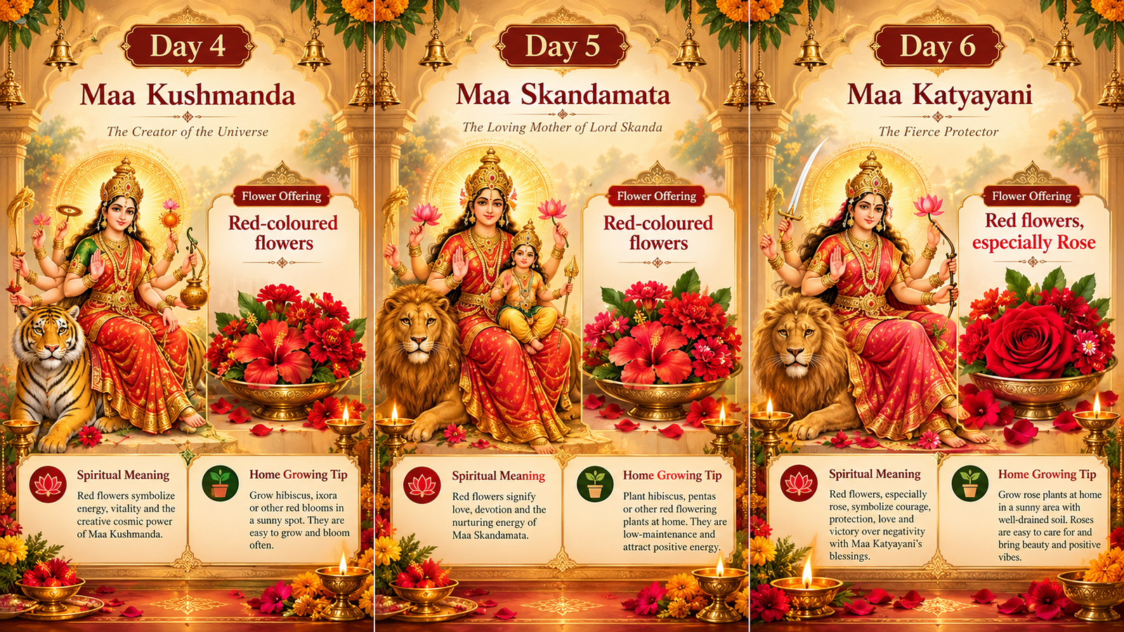 Navratri Days 4 to 6 infographic showing Maa Kushmanda and Maa Skandamata with red-coloured flowers and Maa Katyayani with red flowers especially rose for Durga puja