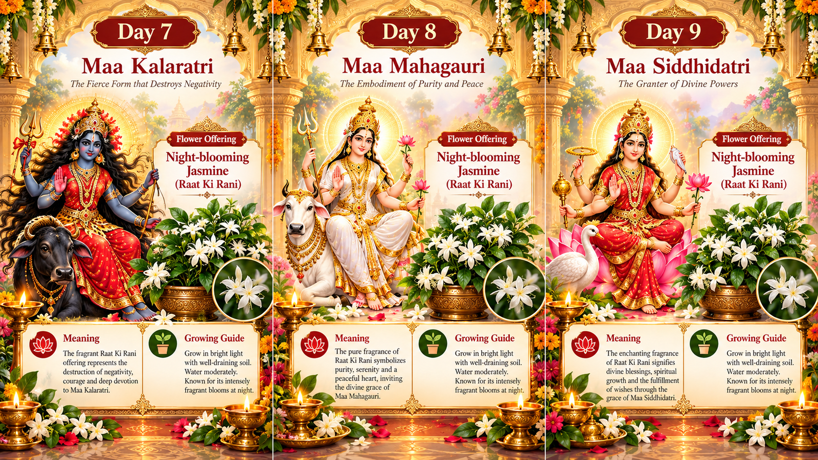 Navratri Days 7 to 9 infographic showing Maa Kalaratri, Maa Mahagauri and Maa Siddhidatri with Night-blooming Jasmine or Raat Ki Rani flowers for Durga puja