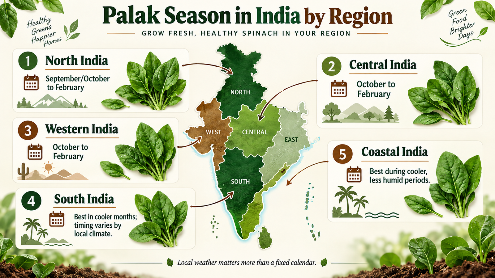 Palak season in India by region showing typical spinach growing periods for North, Central, Western, South and coastal India