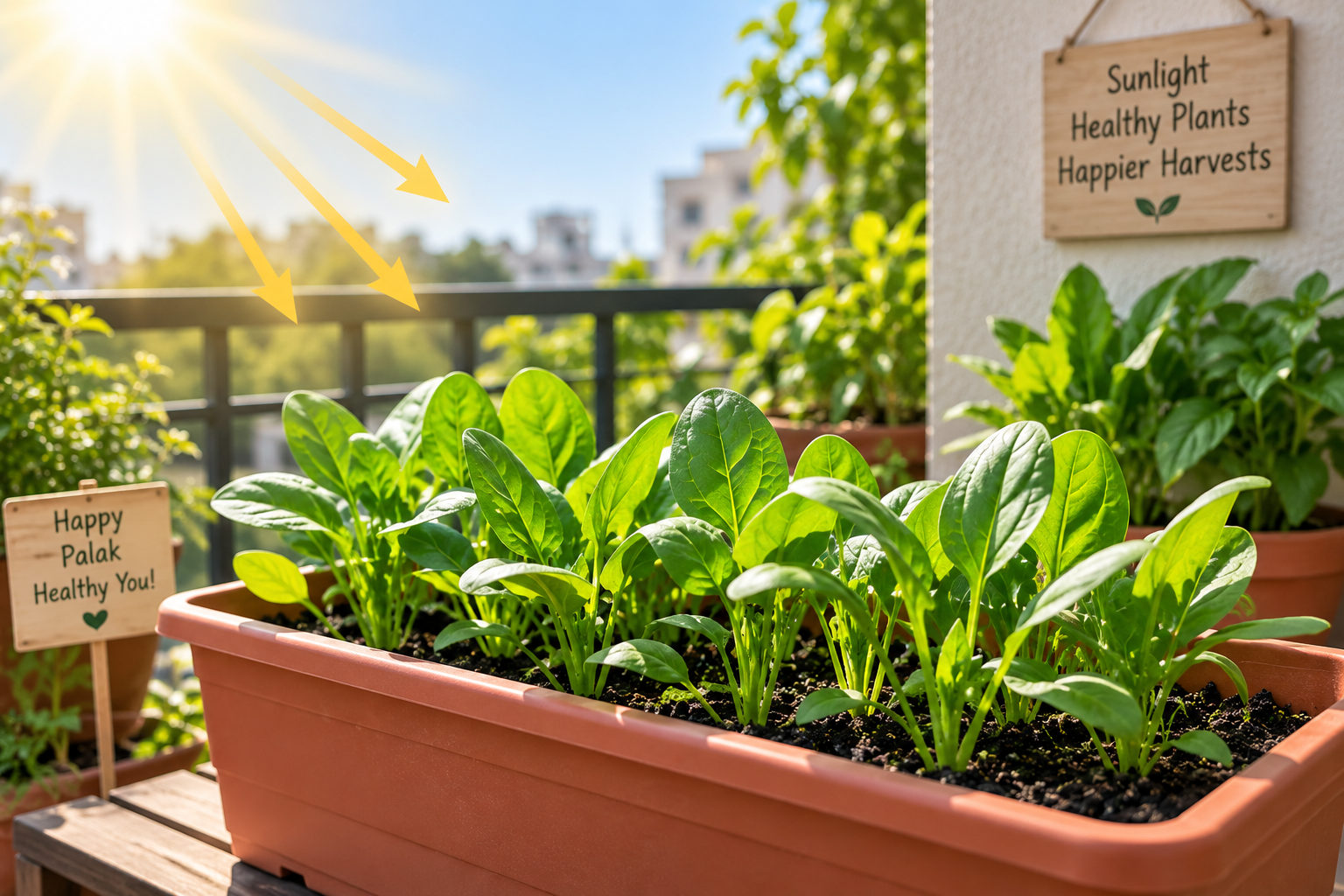 Palak plants growing in a sunny balcony planter with direct morning sunlight for healthy spinach growth