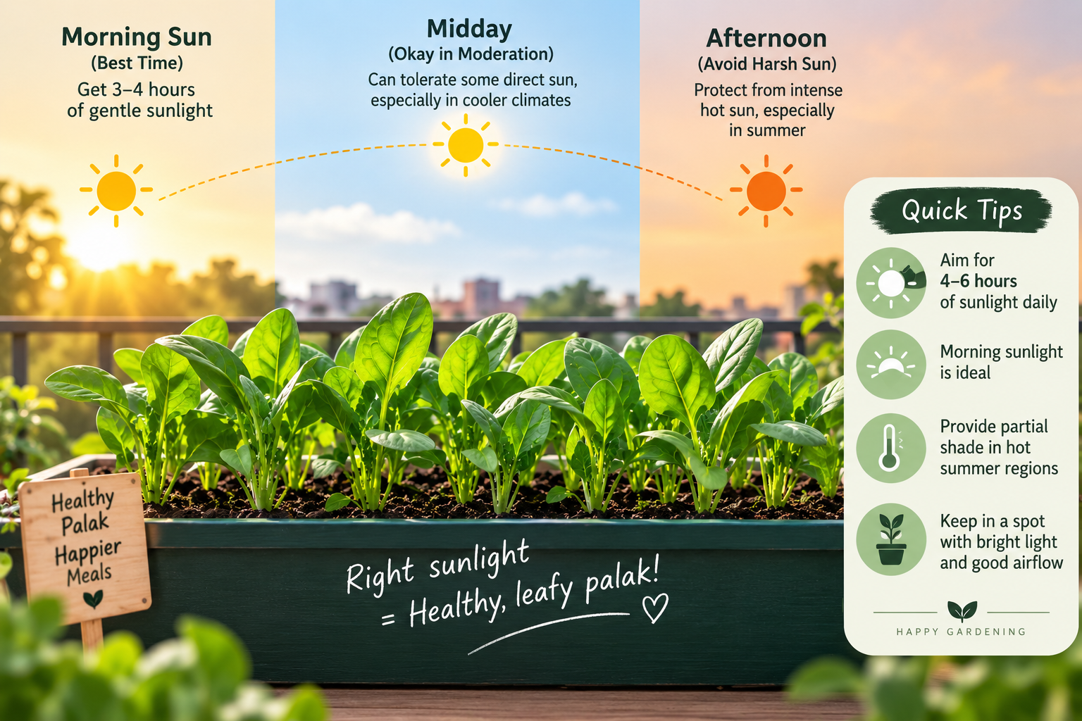 Palak plants receiving 4 to 6 hours of sunlight with morning sun, partial shade and protection from harsh afternoon heat
