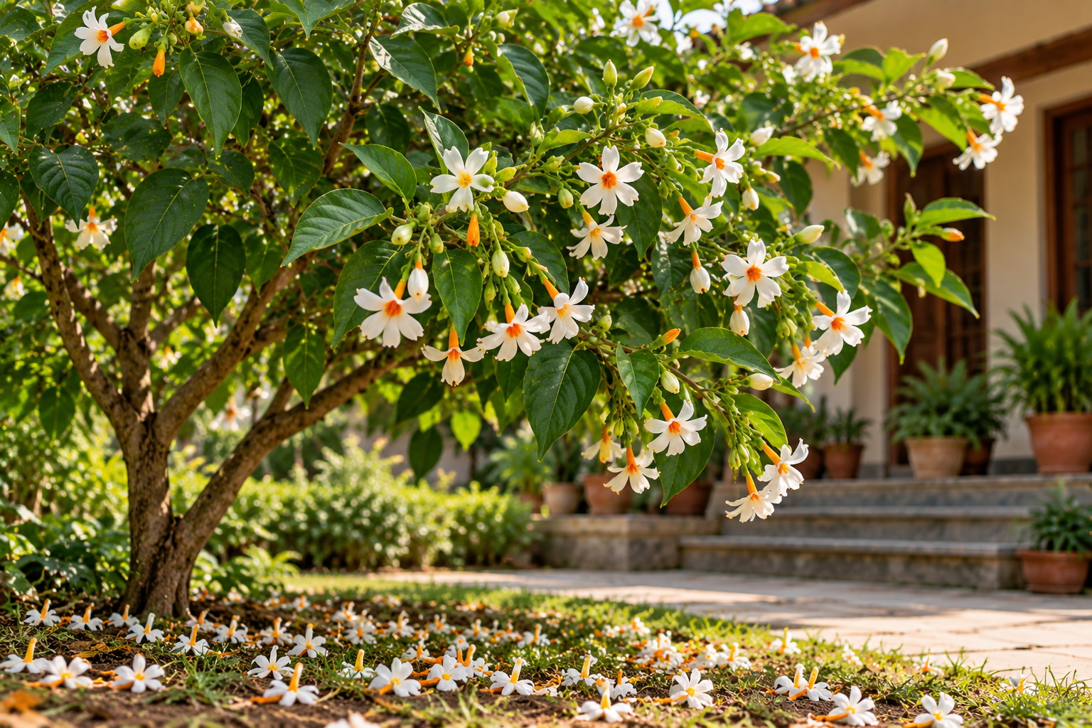 Parijat or Harsingar plant Nyctanthes arbor-tristis with fragrant white flowers and orange centers in an Indian home courtyard
