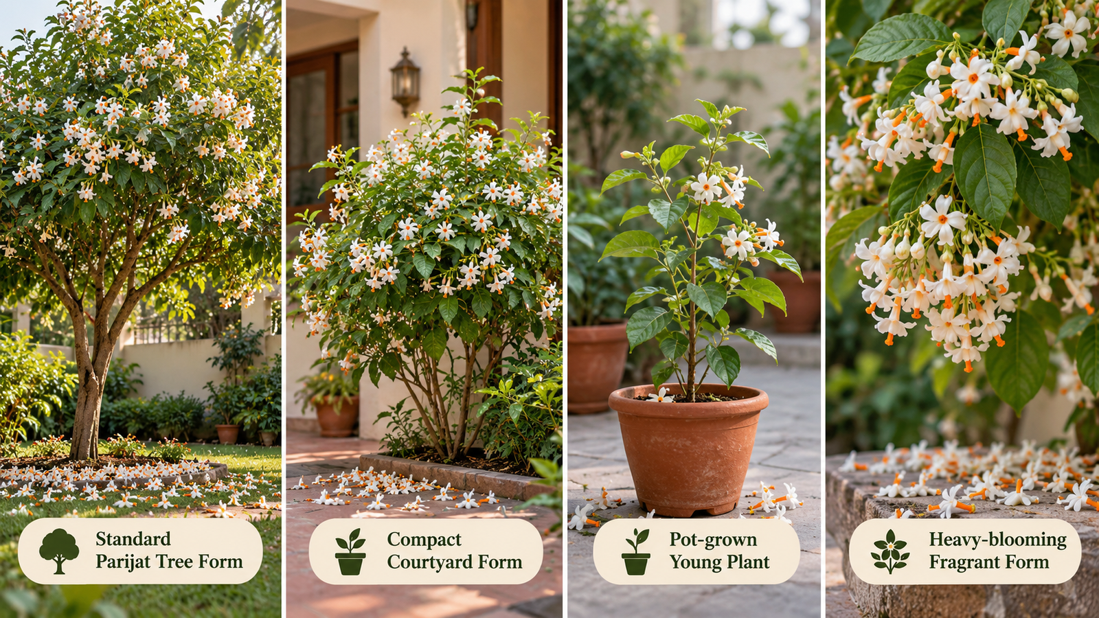 Parijat or Harsingar plant growth forms showing standard tree, compact courtyard plant, pot-grown young plant and heavy-blooming form