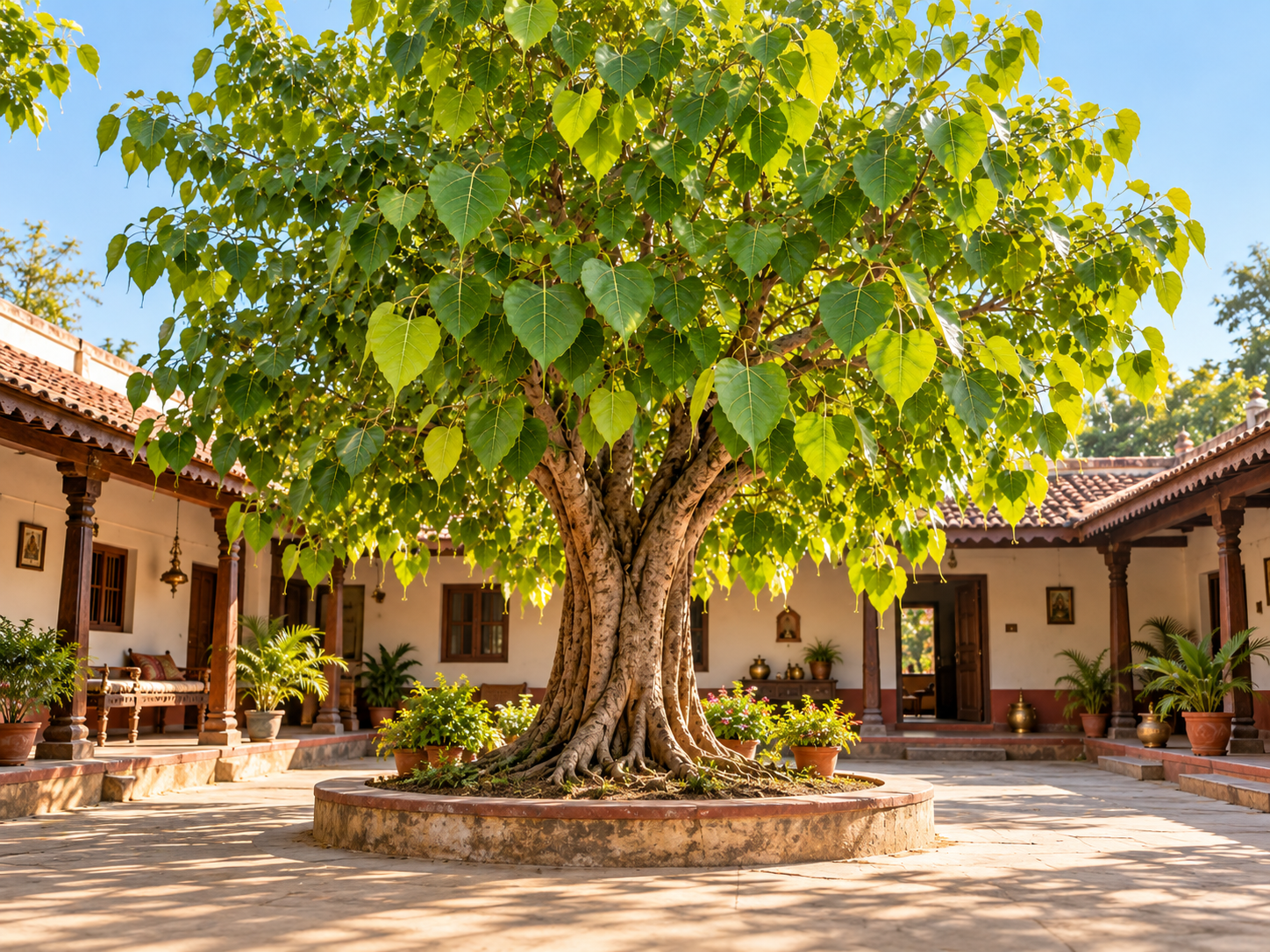 Peepal tree growing in the center of a traditional Indian home courtyard with heart-shaped green leaves and a broad trunk