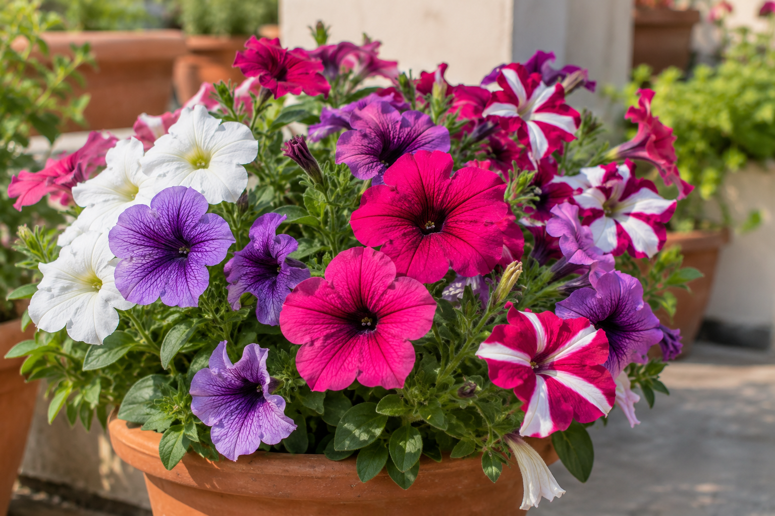 Pink and purple Petunia flowers blooming in pots during the winter season in an Indian home garden