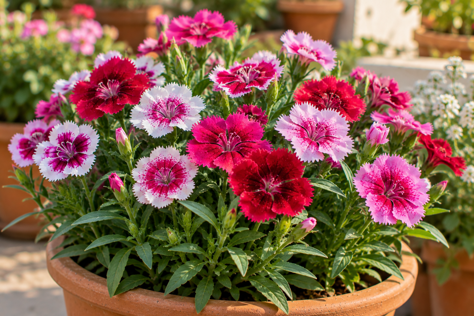 Pink red and white Dianthus flowers blooming in a pot during the winter season in an Indian home garden