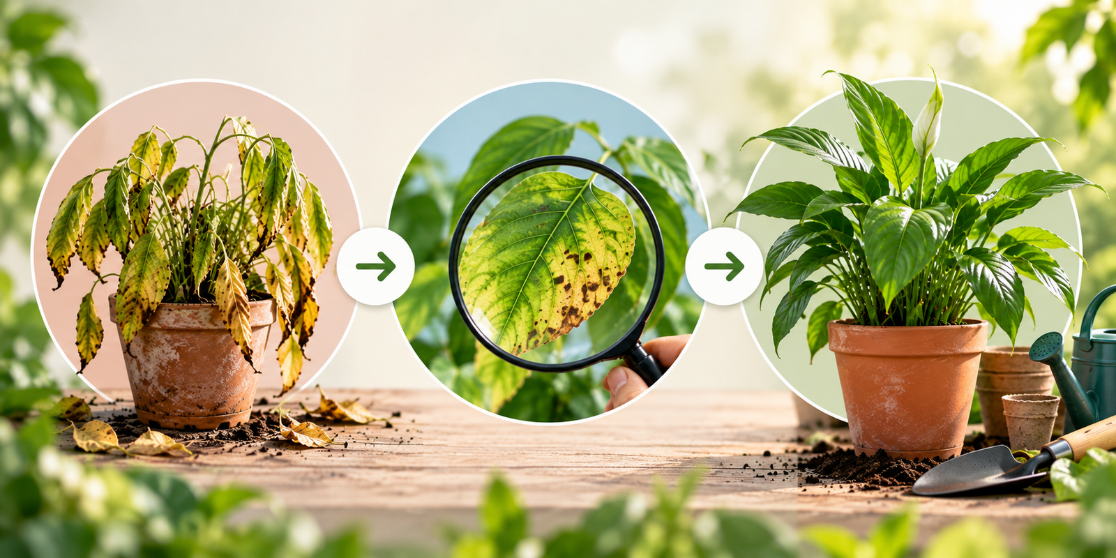 Plant leaves being inspected to diagnose a plant care problem