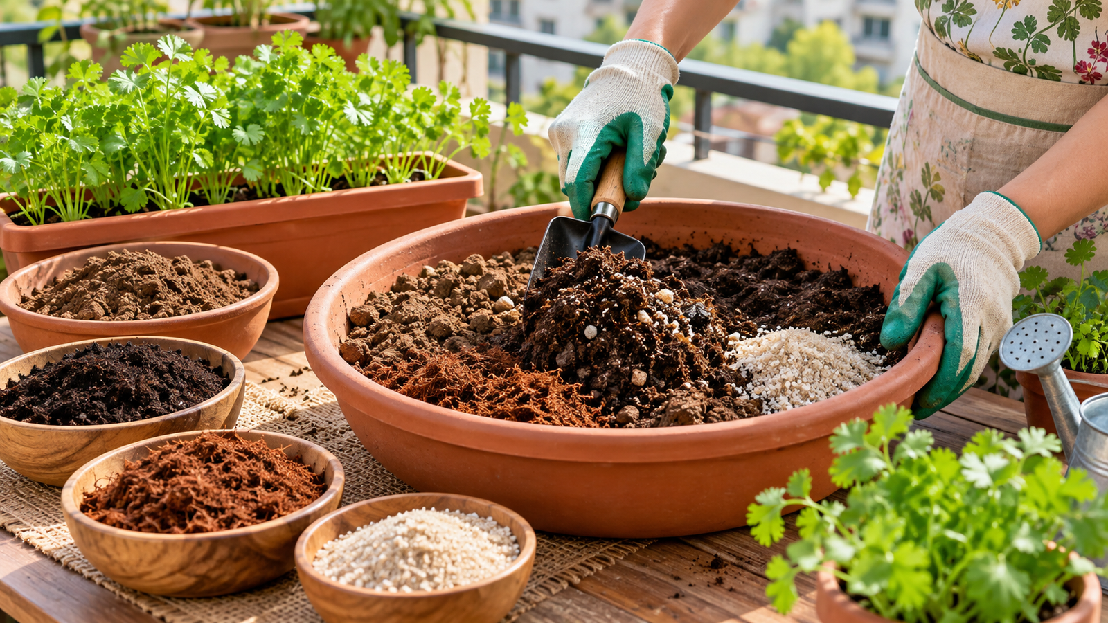 Preparing the best soil mix for coriander using garden soil, compost, cocopeat and drainage material for healthy home growing