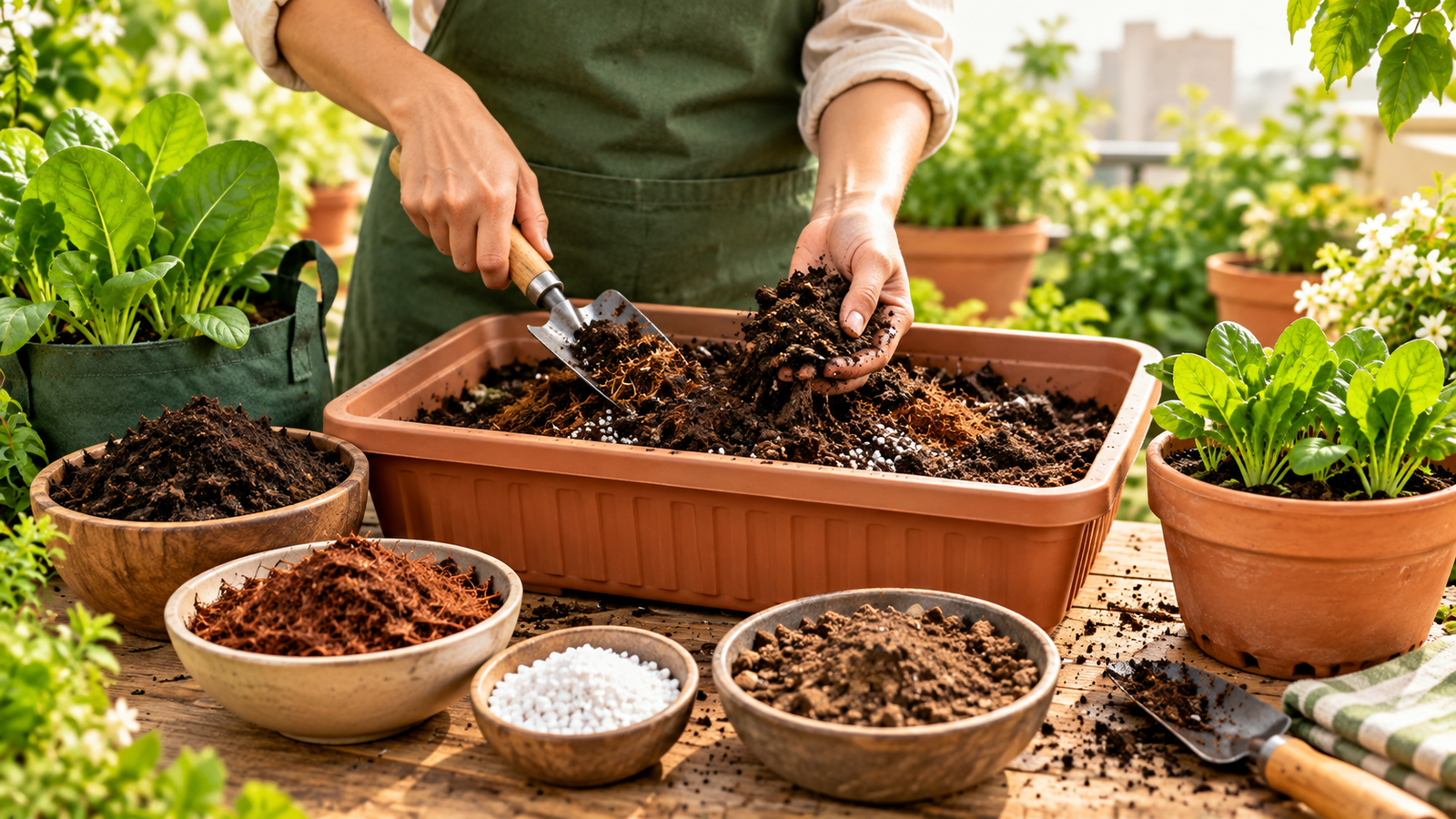 Preparing the best soil mix for growing palak at home using garden soil, compost, cocopeat and drainage material