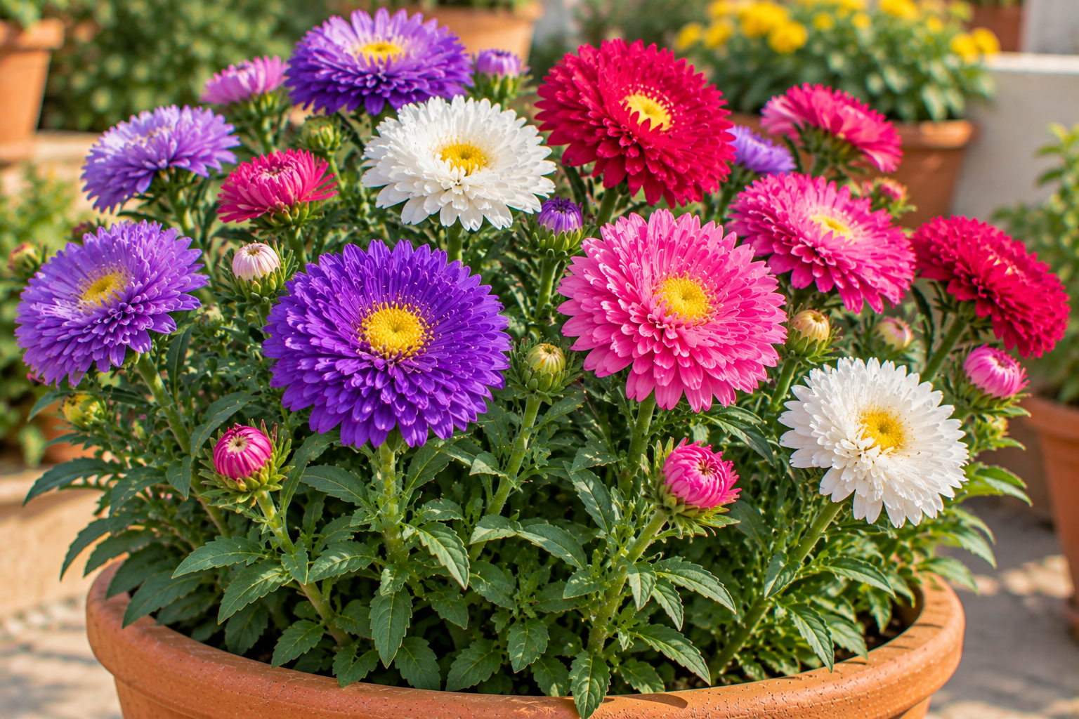 Purple pink and white Aster flowers blooming in a pot during the winter season in an Indian home garden