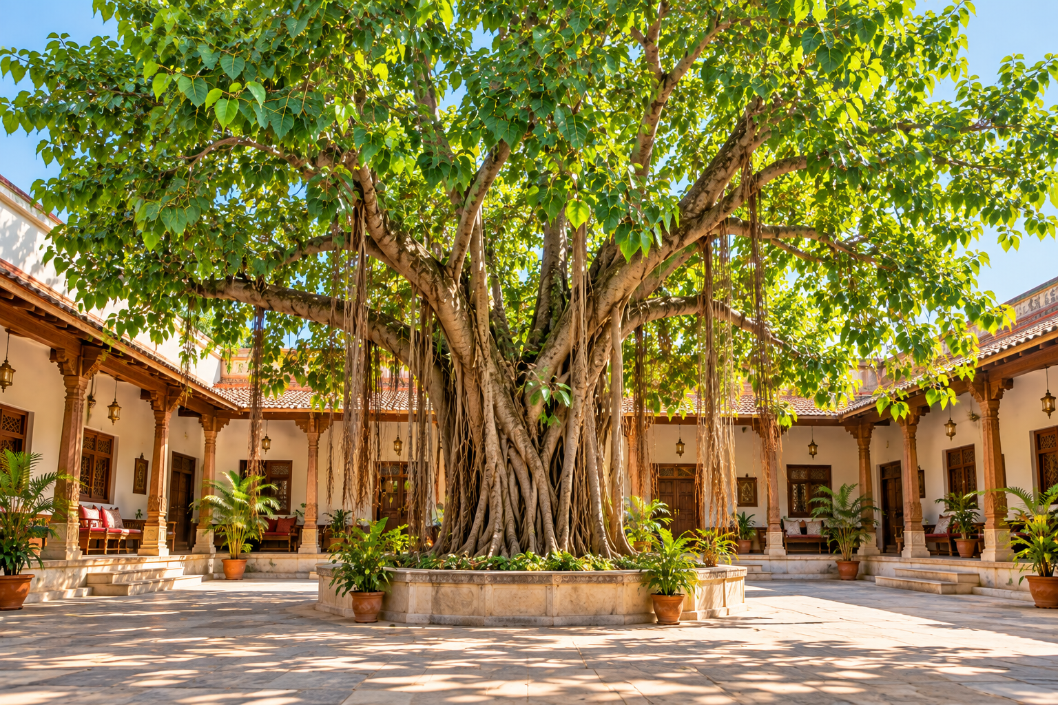 Sacred Banyan tree Bargad or Vat Vriksha growing in a traditional Indian courtyard with aerial roots and a large spreading canopy